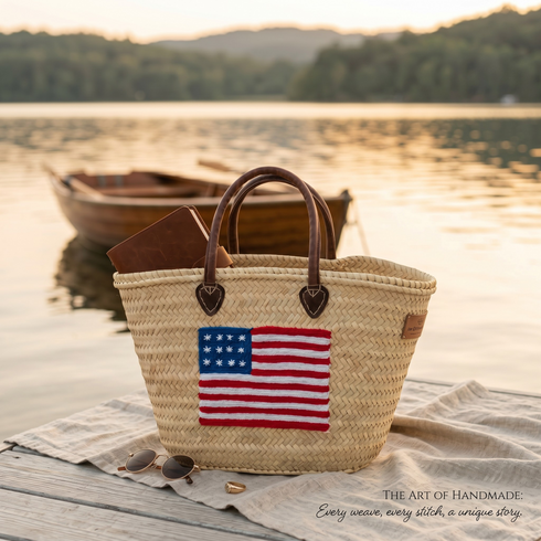 Handwoven Moroccan Straw Tote Bag with USA Flag and Leather Handles