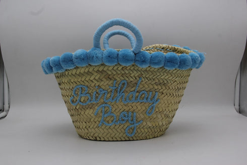 Handwoven Seagrass Basket with Blue Pom Poms and Handles