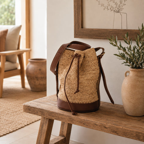 Handmade Natural Raffia Bucket Bag with Genuine Leather Base, Leather Handles