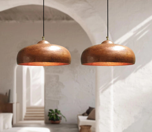 Dress your kitchen counter with a beautiful Art of handmade aged copper pendant set