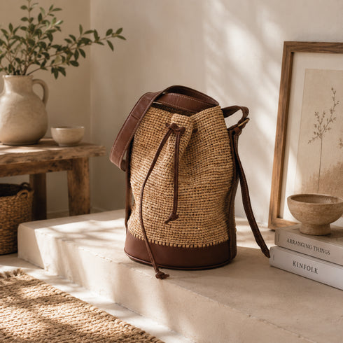 Handmade Natural Raffia Bucket Bag with Genuine Leather Base, Leather Handles