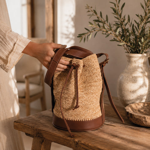 Handmade Natural Raffia Bucket Bag with Genuine Leather Base, Leather Handles