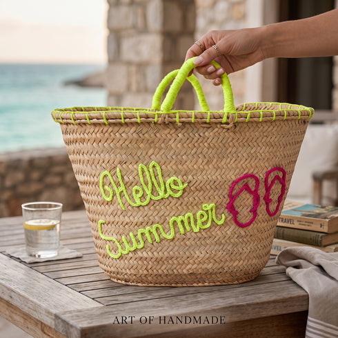 Handwoven Moroccan “Hello Summer” Palm Leaf Basket