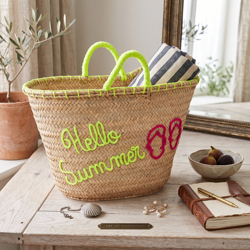 Handwoven Moroccan “Hello Summer” Palm Leaf Basket