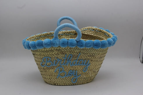 Handwoven Seagrass Basket with Blue Pom Poms and Handles