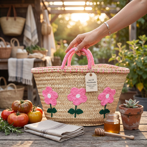 Handwoven Moroccan Palm Leaf Basket with Pink Floral Embroidery