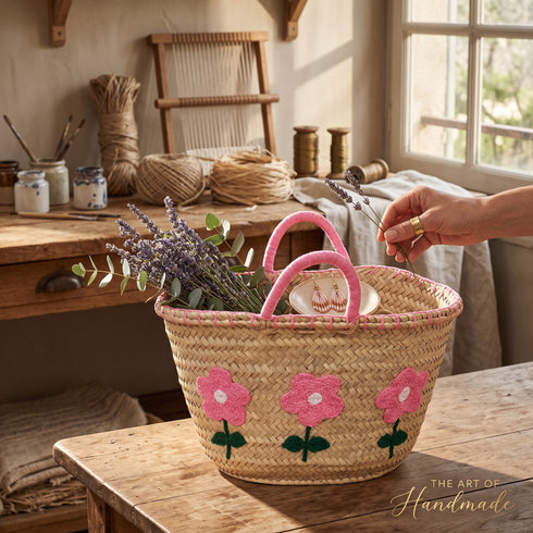 Handwoven Moroccan Palm Leaf Basket with Pink Floral Embroidery