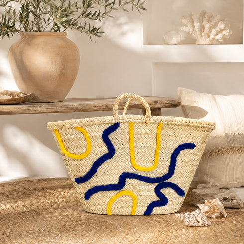 Handwoven Moroccan Palm Leaf Basket with Blue & Yellow Abstract Embroidery