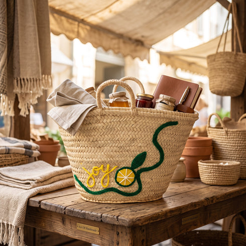 Handwoven authentic Moroccan Palm Leaf Basket with Lemon Embroidery