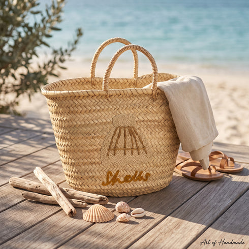 Handwoven Moroccan Palm Leaf Basket with Natural Seashell Embroidery