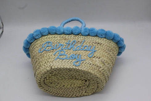 Handwoven Seagrass Basket with Blue Pom Poms and Handles
