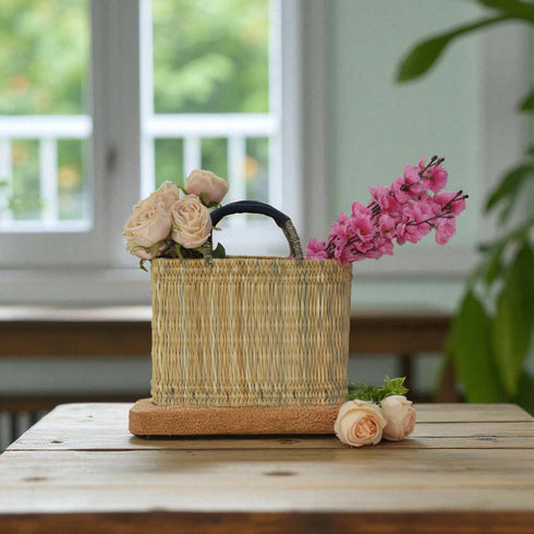 Handwoven Moroccan Straw Basket Bag with Leather Handles