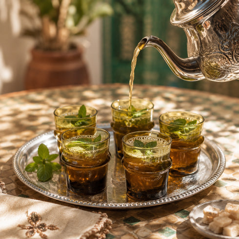 Warm up your drinkware collection with an Art of handmade amber Moroccan tea glass.