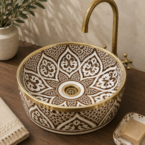 Artisan Moroccan Ceramic Countertop Basin – Brown & White