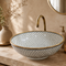Atlas Pearl Ceramic Vessel Sink – Black Lattice Design with Brass Rim