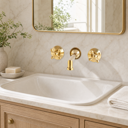 Avila Wall-Mounted Bathroom Faucet – 8-Inch Widespread Unlacquered Brass