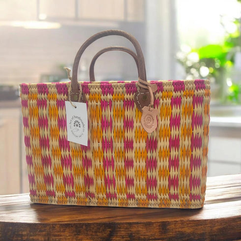 Moroccan Handwoven Straw Tote Bag with Leather Handles – Pink & Orange