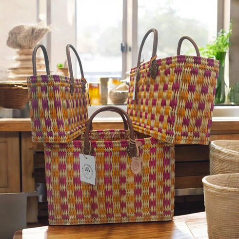 Moroccan Handwoven Straw Tote Bag with Leather Handles – Pink & Orange