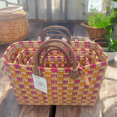 Moroccan Handwoven Straw Tote Bag with Leather Handles – Pink & Orange