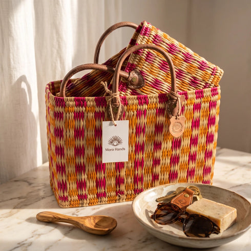 Moroccan Handwoven Straw Tote Bag with Leather Handles – Pink & Orange
