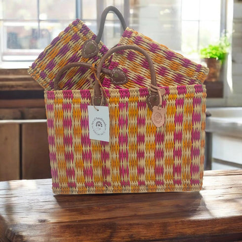 Moroccan Handwoven Straw Tote Bag with Leather Handles – Pink & Orange
