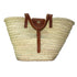 Handwoven Moroccan straw basket with brown leather handles and front closure