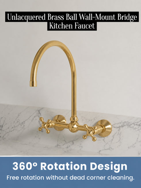 Ball-Style Wall-Mount Kitchen Faucet with Cross Handles – Unlacquered Brass