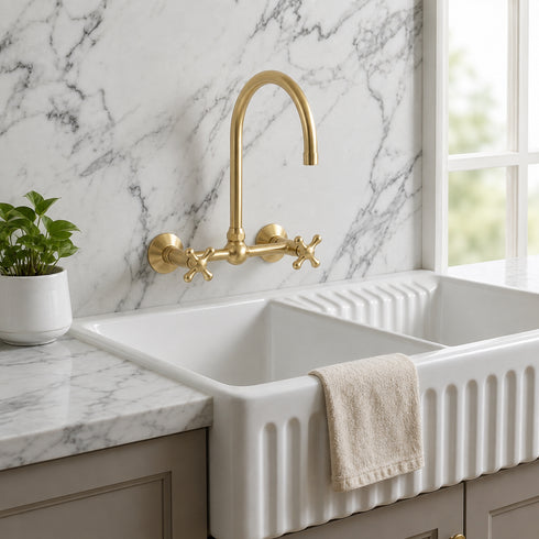 Ball-Style Wall-Mount Kitchen Faucet with Cross Handles – Unlacquered Brass