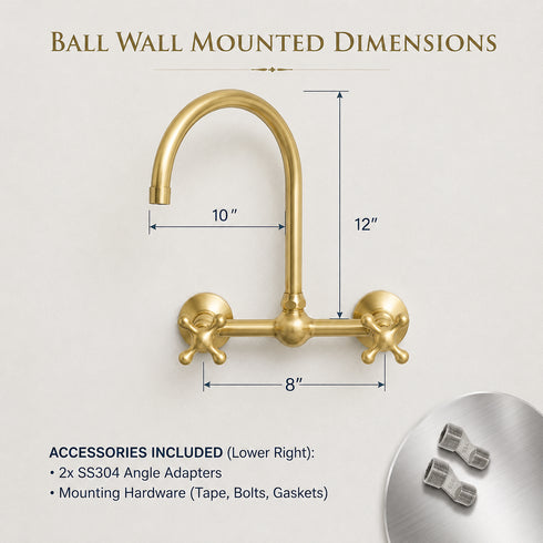 Ball-Style Wall-Mount Kitchen Faucet with Cross Handles – Unlacquered Brass