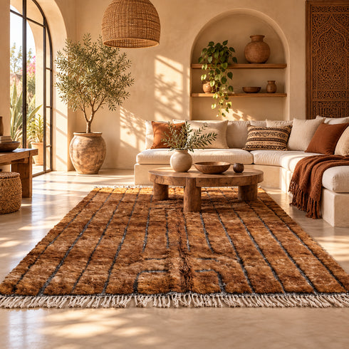 Beni Ourain Rug, Brown Moroccan Wool Rug, Black Stripe Berber Area Rug, Handmade Shaggy Carpet