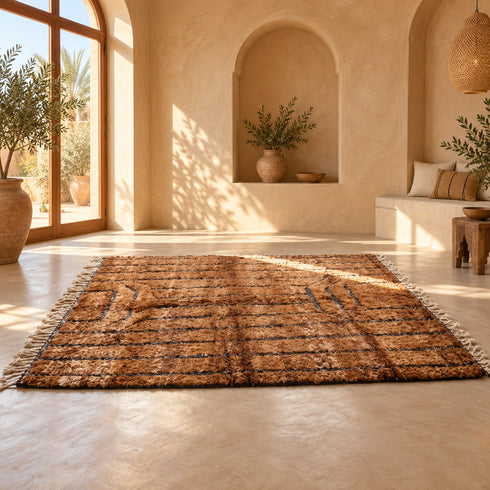 Beni Ourain Rug, Brown Moroccan Wool Rug, Black Stripe Berber Area Rug, Handmade Shaggy Carpet