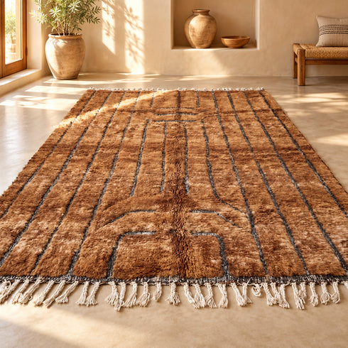 Beni Ourain Rug, Brown Moroccan Wool Rug, Black Stripe Berber Area Rug, Handmade Shaggy Carpet