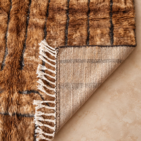 Beni Ourain Rug, Brown Moroccan Wool Rug, Black Stripe Berber Area Rug, Handmade Shaggy Carpet