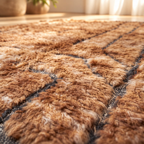 Beni Ourain Rug, Brown Moroccan Wool Rug, Black Stripe Berber Area Rug, Handmade Shaggy Carpet