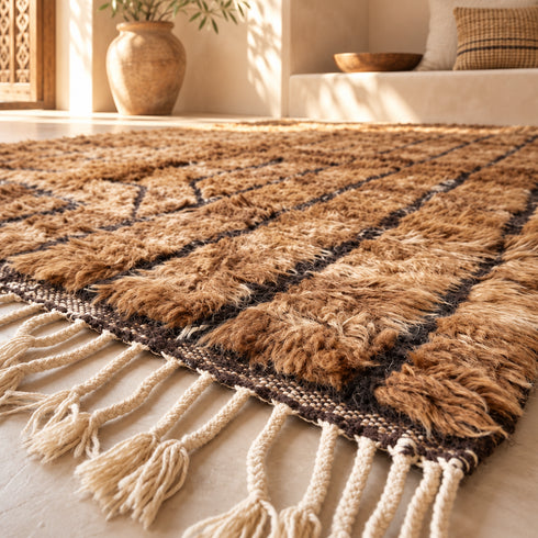 Beni Ourain Rug, Brown Moroccan Wool Rug, Black Stripe Berber Area Rug, Handmade Shaggy Carpet