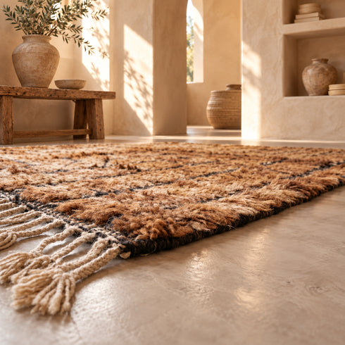 Beni Ourain Rug, Brown Moroccan Wool Rug, Black Stripe Berber Area Rug, Handmade Shaggy Carpet