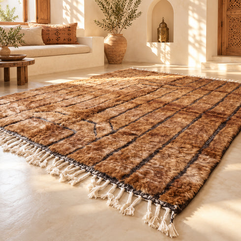 Beni Ourain Rug, Brown Moroccan Wool Rug, Black Stripe Berber Area Rug, Handmade Shaggy Carpet