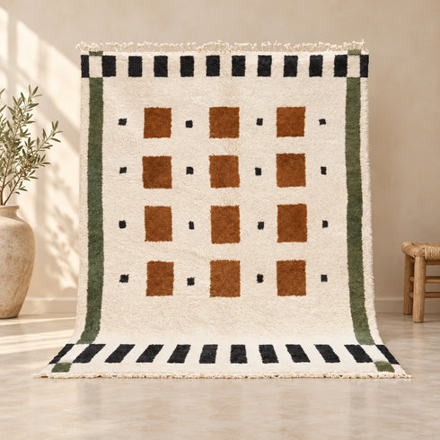 Beni Ourain Rug, Moroccan Wool Rug, White Rust Brown Geometric Berber Area Rug, Handmade Wool Carpet