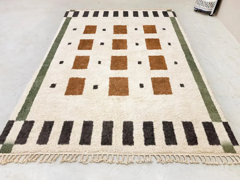 Beni Ourain Rug, Moroccan Wool Rug, White Rust Brown Geometric Berber Area Rug, Handmade Wool Carpet
