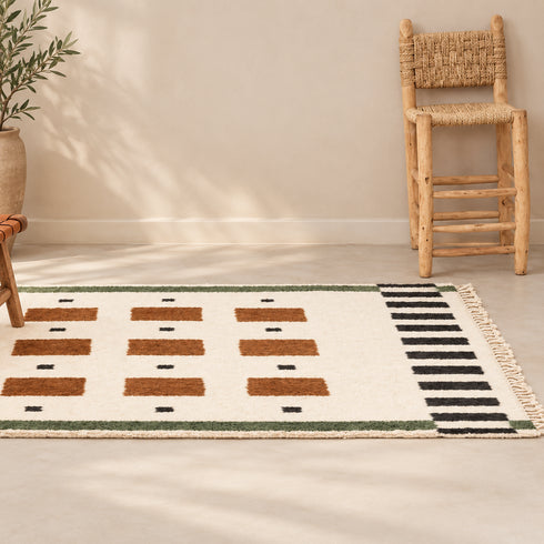 Beni Ourain Rug, Moroccan Wool Rug, White Rust Brown Geometric Berber Area Rug, Handmade Wool Carpet