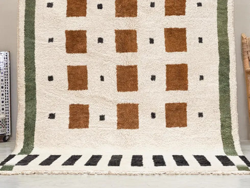 Beni Ourain Rug, Moroccan Wool Rug, White Rust Brown Geometric Berber Area Rug, Handmade Wool Carpet