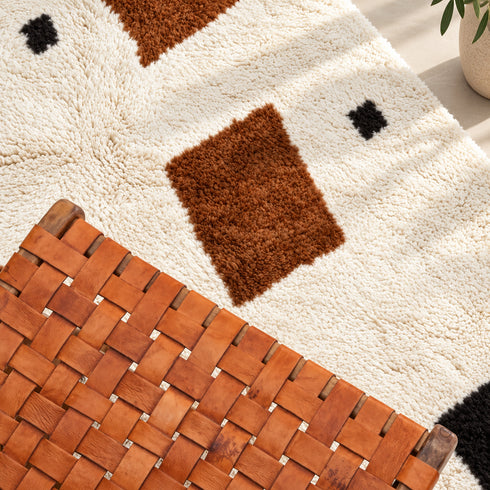 Beni Ourain Rug, Moroccan Wool Rug, White Rust Brown Geometric Berber Area Rug, Handmade Wool Carpet