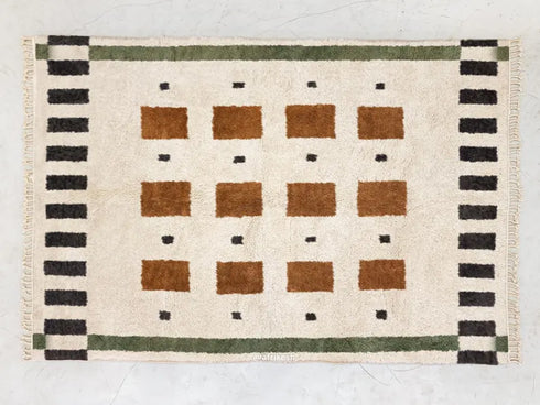 Beni Ourain Rug, Moroccan Wool Rug, White Rust Brown Geometric Berber Area Rug, Handmade Wool Carpet