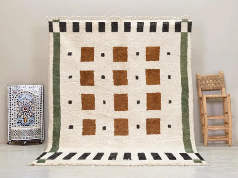 Beni Ourain Rug, Moroccan Wool Rug, White Rust Brown Geometric Berber Area Rug, Handmade Wool Carpet