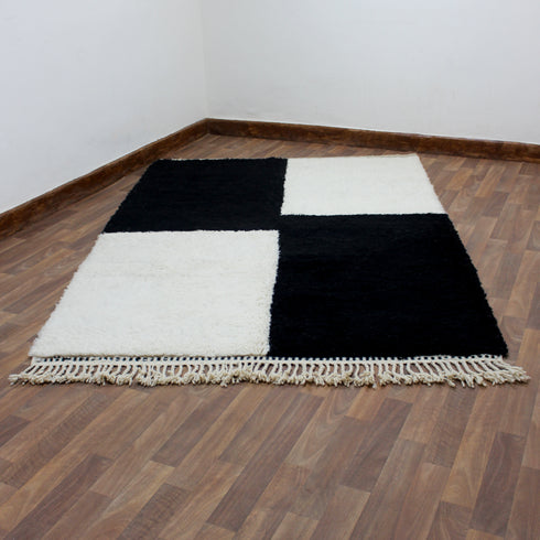 Black White Moroccan Wool Rug, Checkerboard Berber Rug, Handmade Geometric Area Carpet, Modern Wool Rug