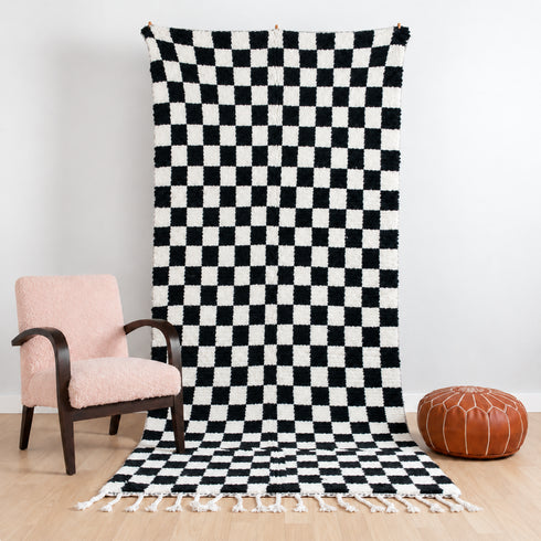 Black and White Checkered Rug, Moroccan Wool Rug, Handmade Berber Area Rug, Checkerboard Carpet