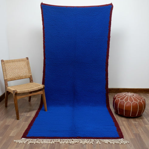 Blue Moroccan Rug, Handmade Berber Wool Rug, Solid Blue Area Rug, Burgundy Border, Beni Ourain Carpet