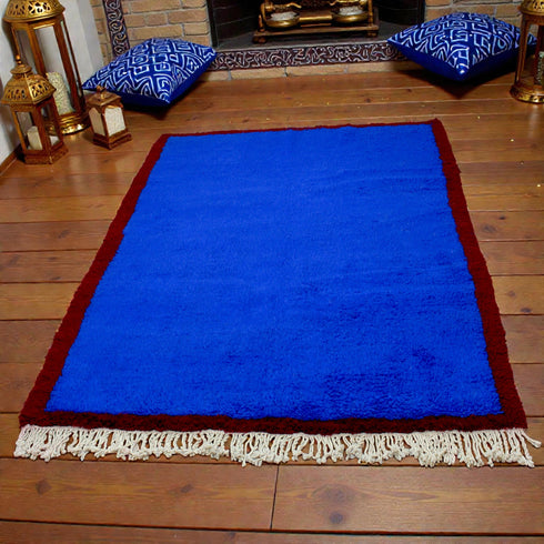 Blue Moroccan Rug, Handmade Berber Wool Rug, Solid Blue Area Rug, Burgundy Border, Beni Ourain Carpet