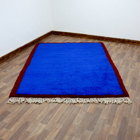 Blue Moroccan Rug, Handmade Berber Wool Rug, Solid Blue Area Rug, Burgundy Border, Beni Ourain Carpet