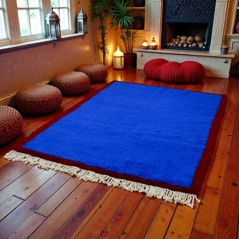 Blue Moroccan Rug, Handmade Berber Wool Rug, Solid Blue Area Rug, Burgundy Border, Beni Ourain Carpet